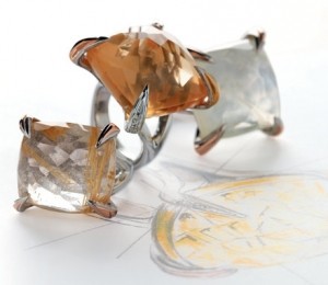 Inele din argint acoperit selectiv cu aur roz 18 kt, cuart rutilat, cristal de stanca si cuart fumuriu (1170 lei - MONDO GIOIELLI, YOU&ME)