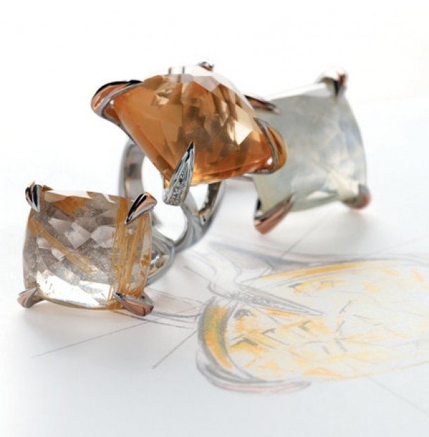 Inele din argint acoperit selectiv cu aur roz 18 kt, cuart rutilat, cristal de stanca si cuart fumuriu (1170 lei - MONDO GIOIELLI, YOU&ME)