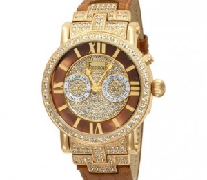 Freelook Unisex Stardust Dubai Yellow Gold Plated Case Brown Band Swarovski Crystals Watch