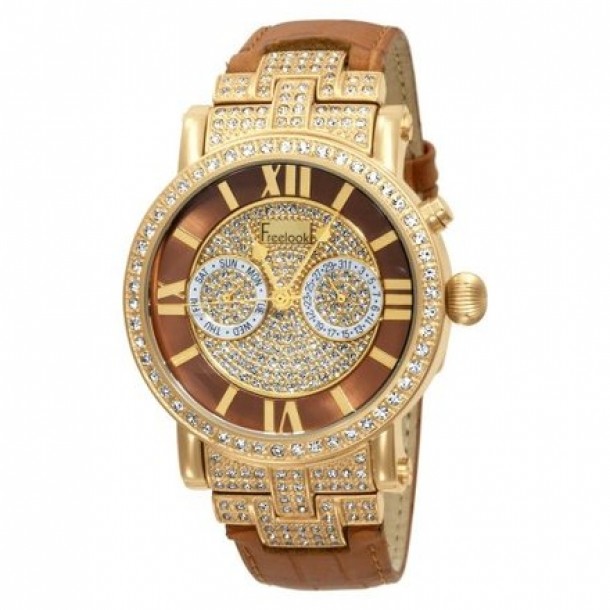 Freelook Unisex Stardust Dubai Yellow Gold Plated Case Brown Band Swarovski Crystals Watch