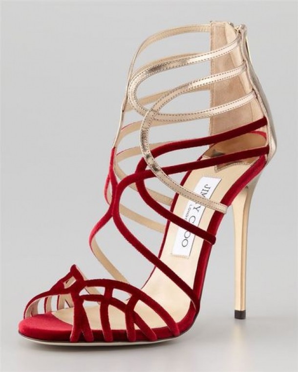 Sandale rosii cu toc auriu