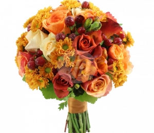 Buchet de mireasă cu trandafiri şi santini, florariairis.ro - 270 LEI