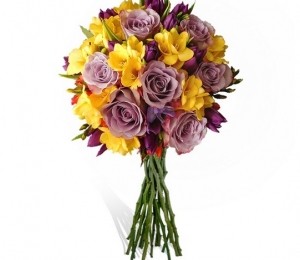 Buchet trandafiri mov, frezii galbene si lalele mov, florariacupovesti - 219.00 LEI