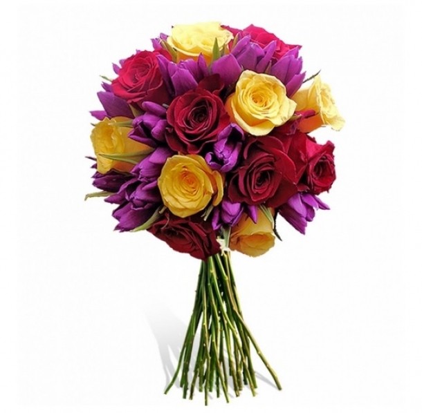 Buchet trandafiri roşii, galbeni şi lalele mov, florariacupovesti - 239.00 LEI